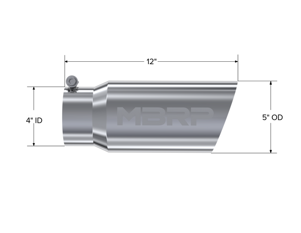 Exhaust Tail Pipe Tip 5 Inch O.D. Angled Single Walled 4 Inch Inlet 12 Inch Length T304 Stainless Steel MBRP